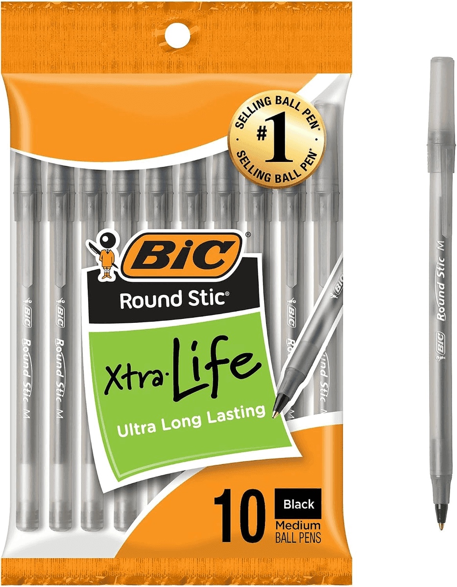 BIC Round Stic Xtra Life Black Ballpoint Pens, 10 Count
