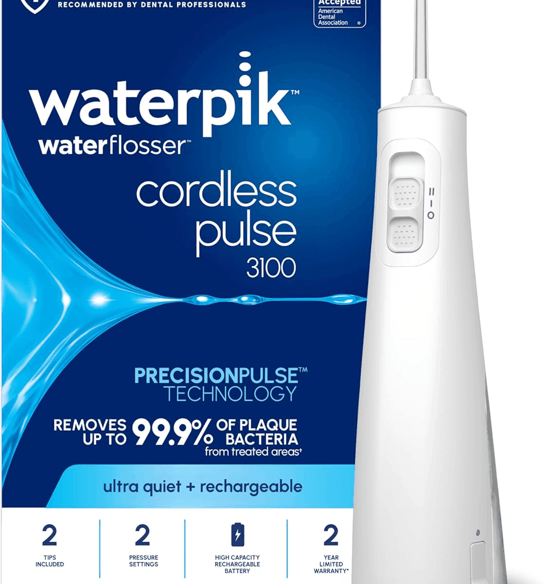 Waterpik Cordless Pulse 3100 Rechargeable Portable Water Flosser for Teeth, Gums, Braces Care and Travel with 2 Flossing Tips, Waterproof for Showe...