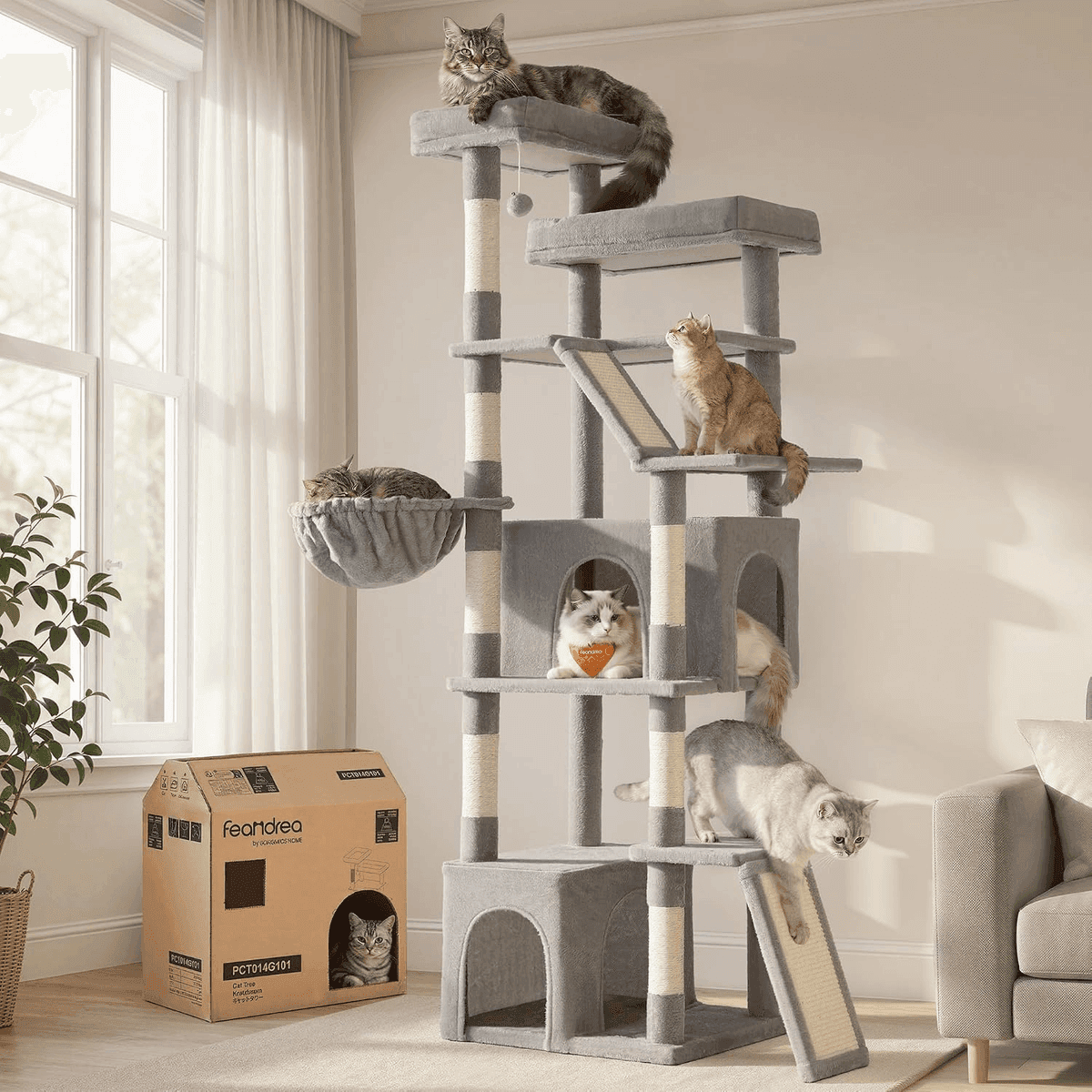 Feandrea 72.6-Inch Cat Tree Tower in Dove Gray