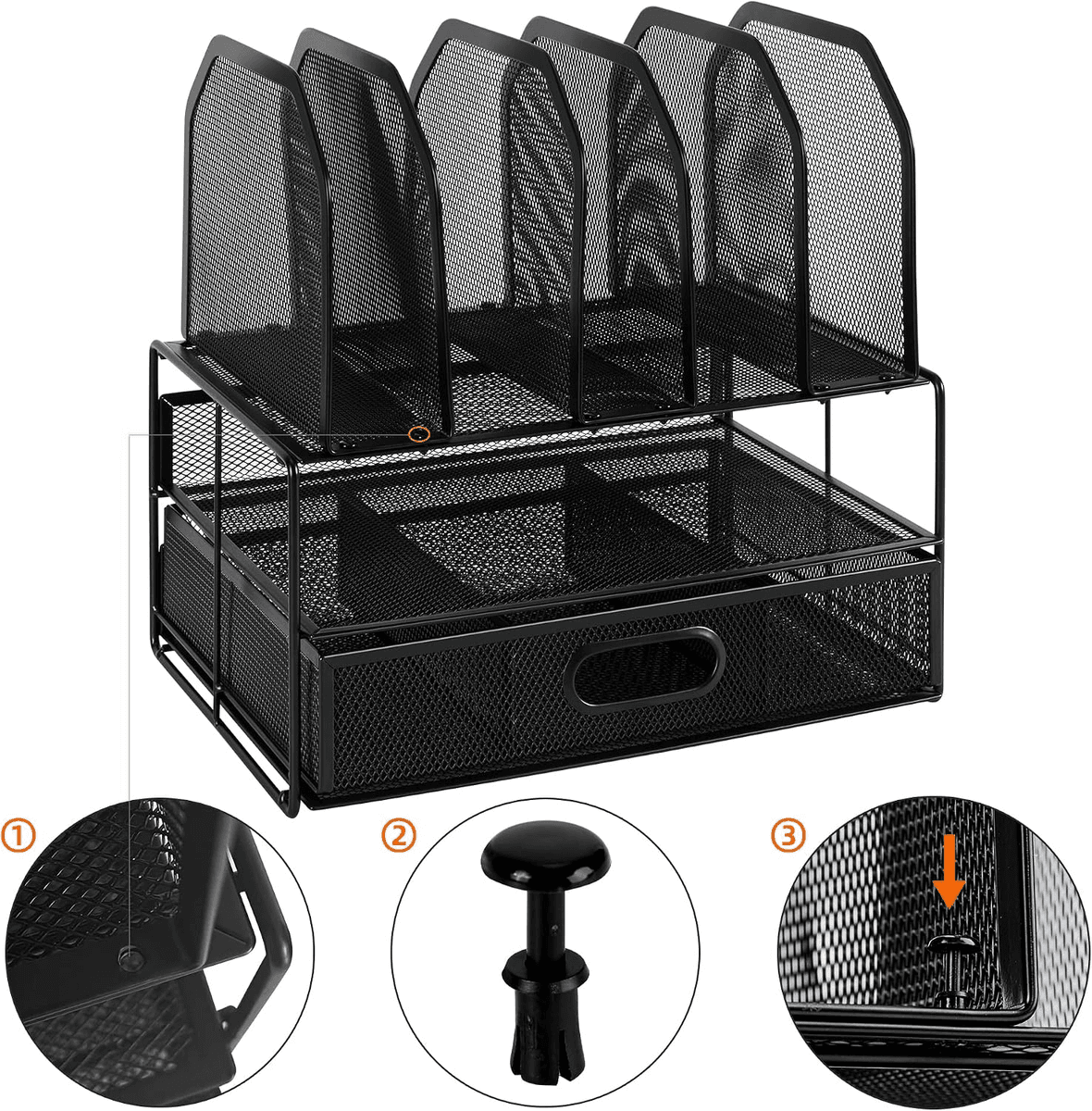 Amazon Basics Mesh Desk Organizer with Drawer and File Sections - Black image 2