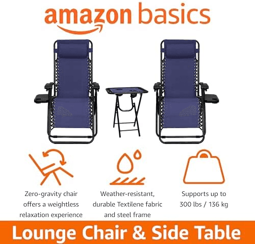 Amazon Basics Zero-Gravity Lounge Chairs with Side Table, Set of 2 - Blue image 4
