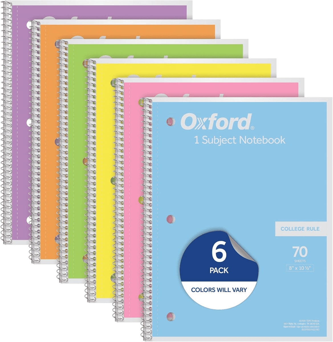 Oxford College-Ruled 1-Subject Spiral Notebooks, 6-Pack