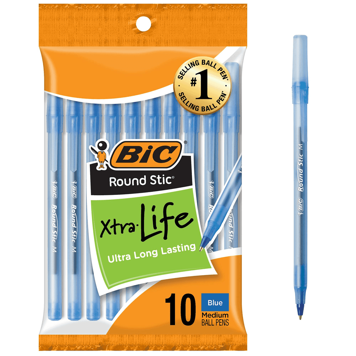 BIC Round Stic Xtra Life Blue Ballpoint Pens, 10-Count
