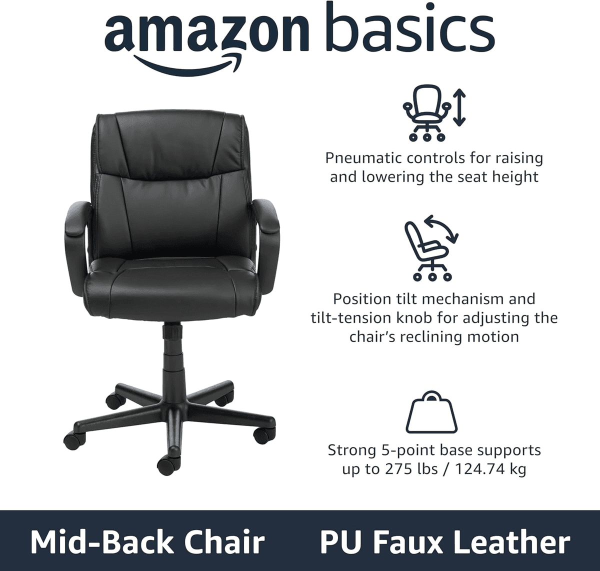 Amazon Basics Mid-Back Faux Leather Office Chair - Black image 4