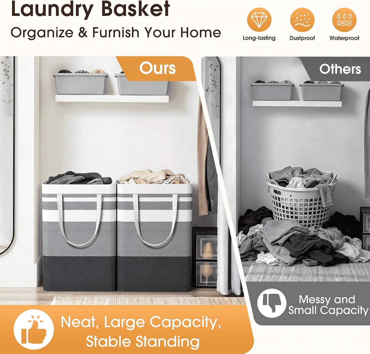 HomeHacks 75L Collapsible Laundry Hampers - Gray 2-Pack [Prime] image 4