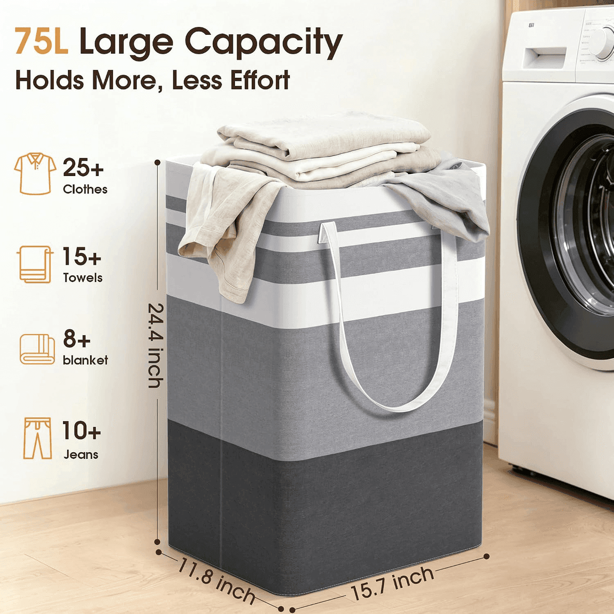 HomeHacks 75L Collapsible Laundry Hampers - Gray 2-Pack [Prime] image 3