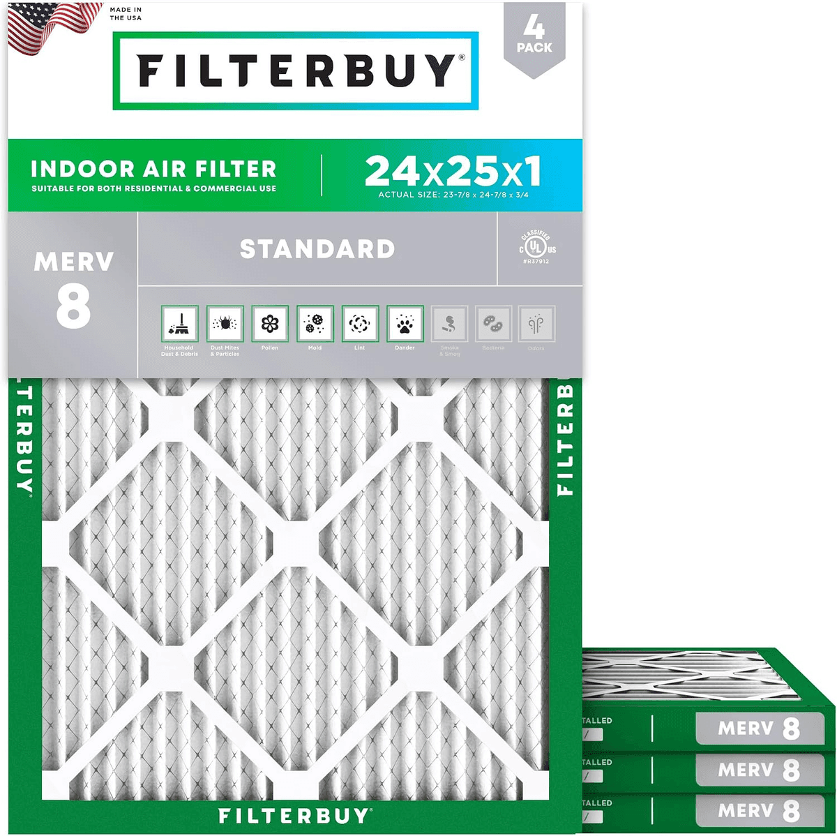 Filterbuy 24x25x1 MERV 8 HVAC Air Filters - 4-Pack