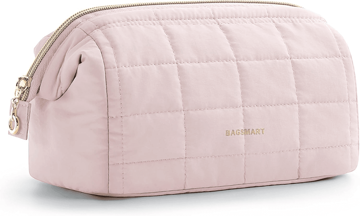 BAGSMART Wide-Open Quilted Makeup Bag - Sakura Pink