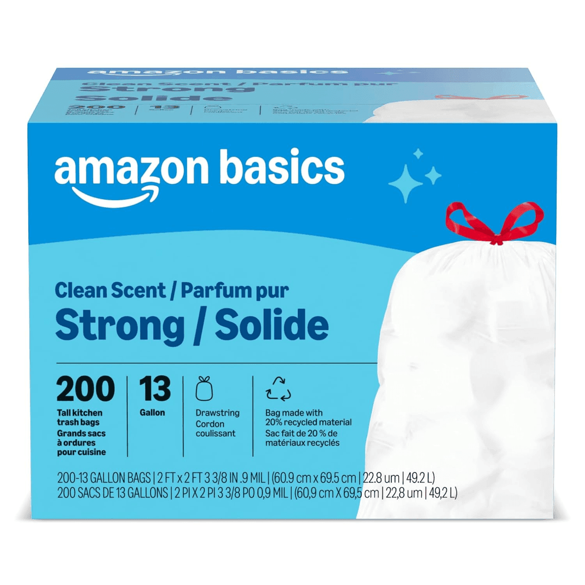 Amazon Basics 13-Gallon Scented Drawstring Trash Bags, 200 Count