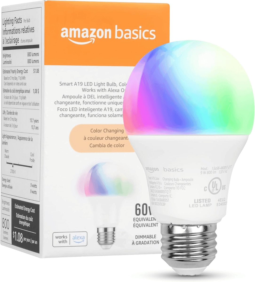 Amazon Basics Smart A19 Color-Changing LED Light Bulb, 1-Pack