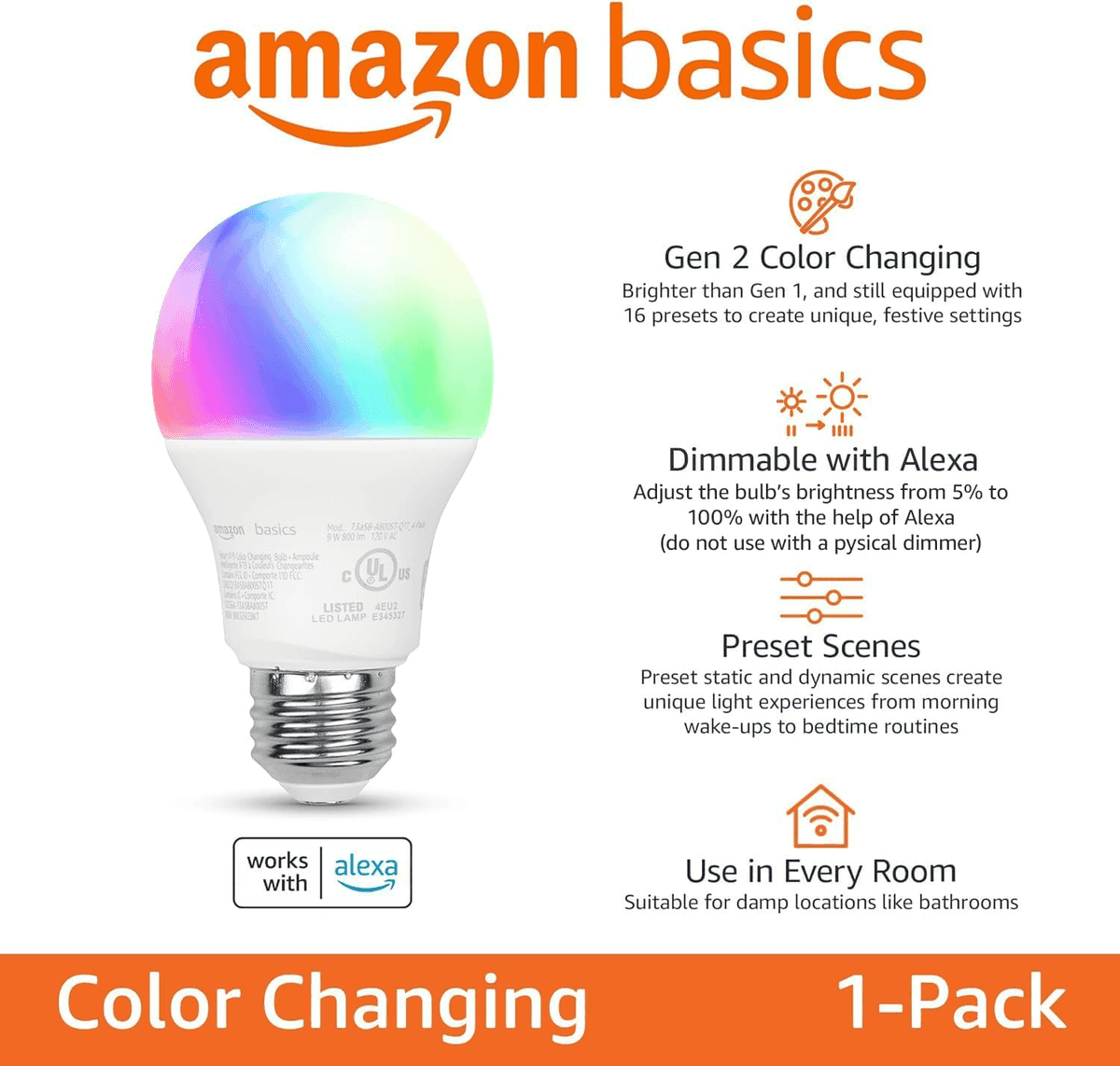 Amazon Basics Smart A19 Color-Changing LED Light Bulb, 1-Pack image 2