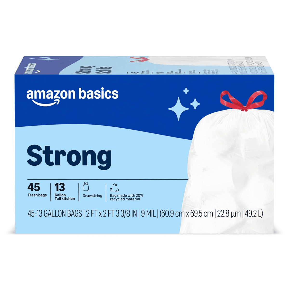 Amazon Basics 13-Gallon Drawstring Trash Bags, 45 Count