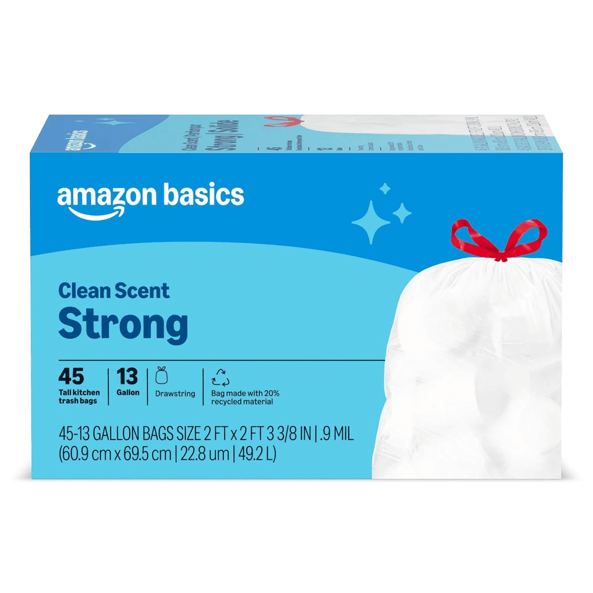 Amazon Basics 13-Gallon Drawstring Trash Bags, 45 Count