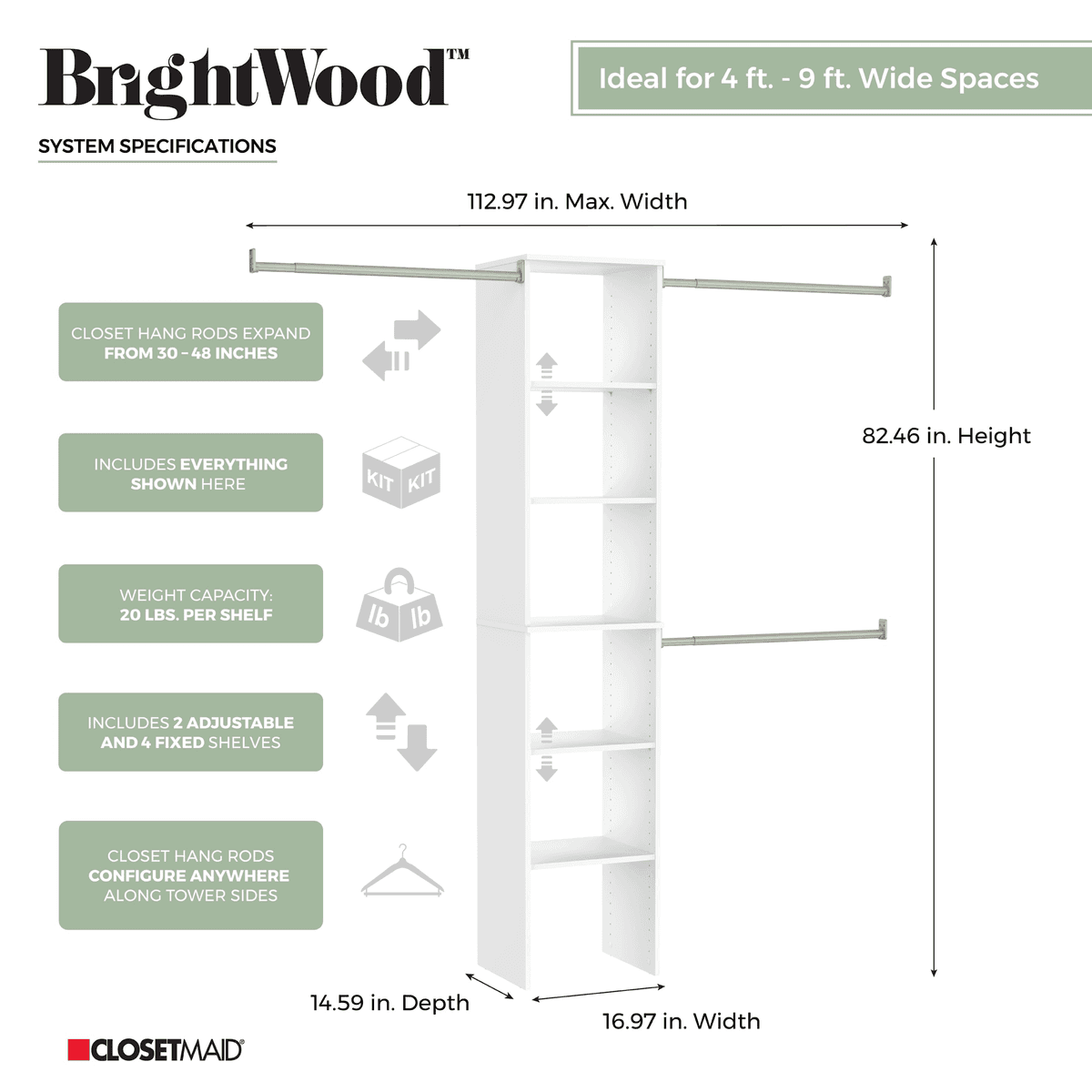 ClosetMaid BrightWood 4-ft to 6-ft White Wood Closet System image 4