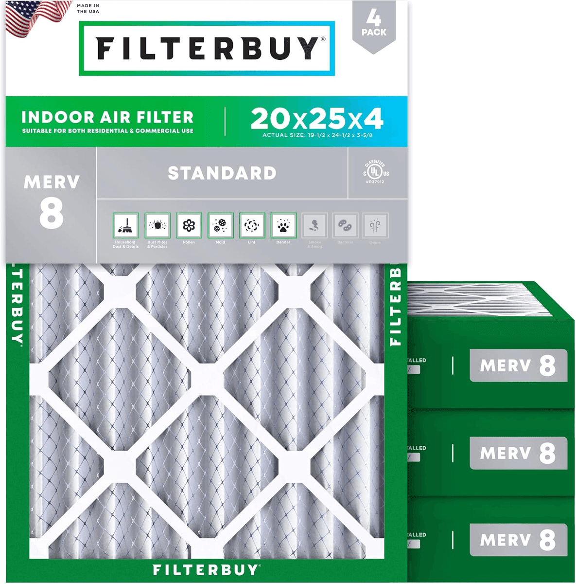Filterbuy 20x25x4 MERV 8 HVAC Air Filters, 4-Pack