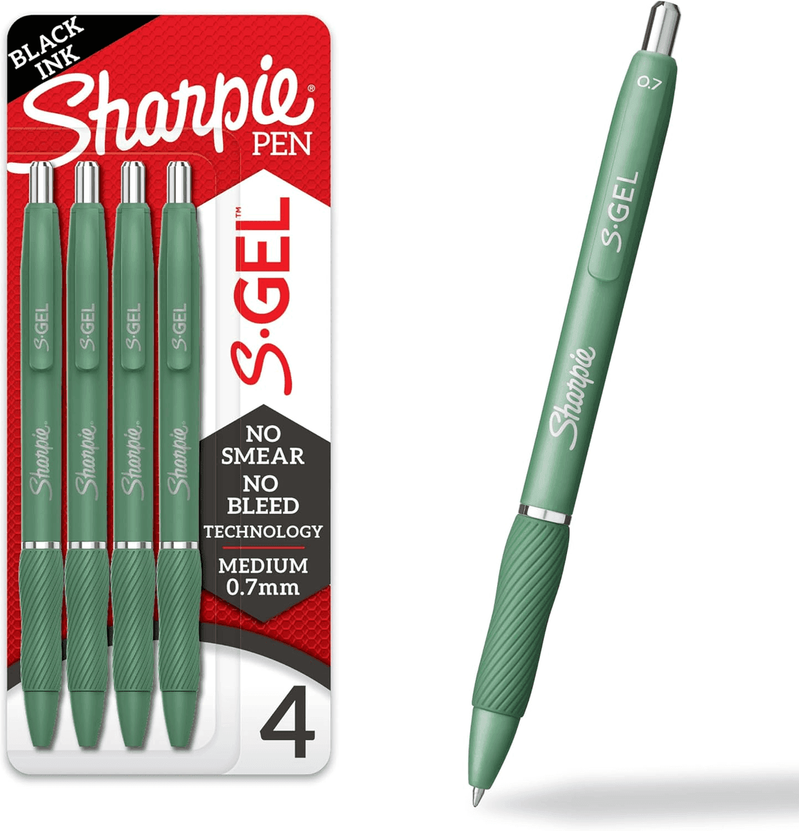 Sharpie S-Gel 0.7mm Black-Ink Pens, Green Barrels, 4 Count for $4.87
