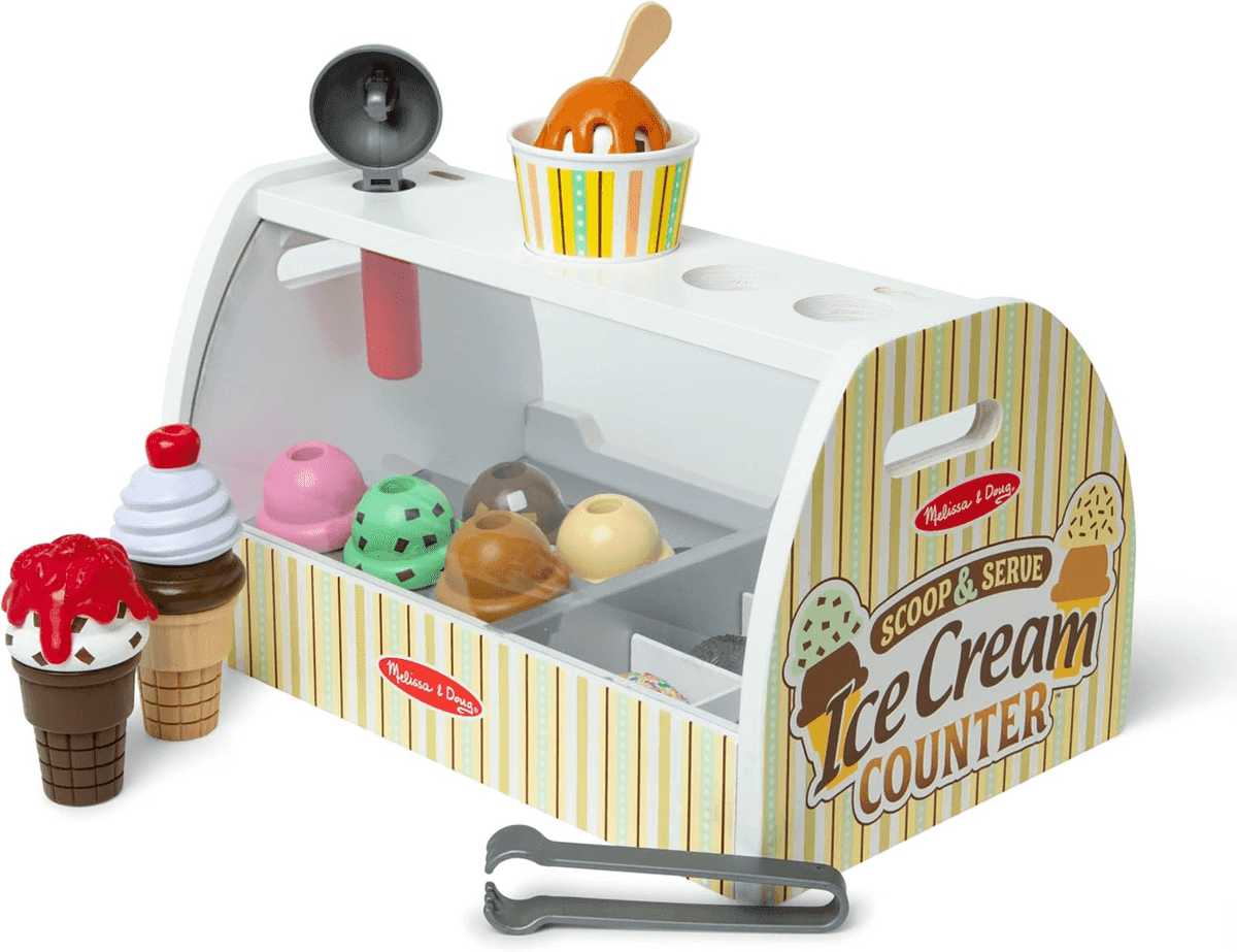 Melissa & Doug Wooden Scoop & Serve Ice Cream Counter, 28 Pieces