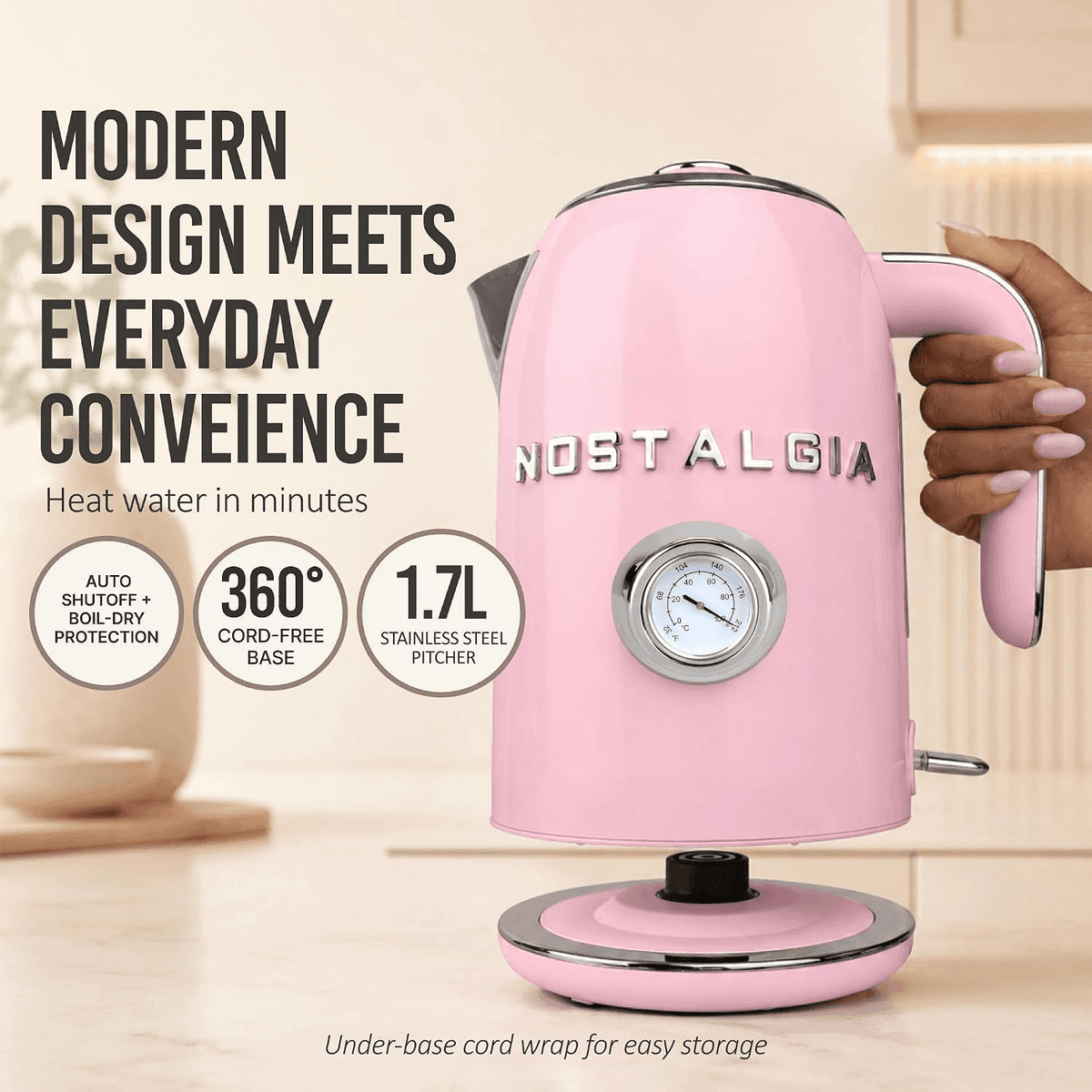 Nostalgia 1.7L Retro Electric Kettle in Pink image 2