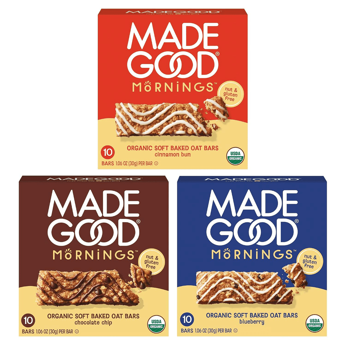 MadeGood Mornings Soft-Baked Oat Bars Variety Pack, 30 Count