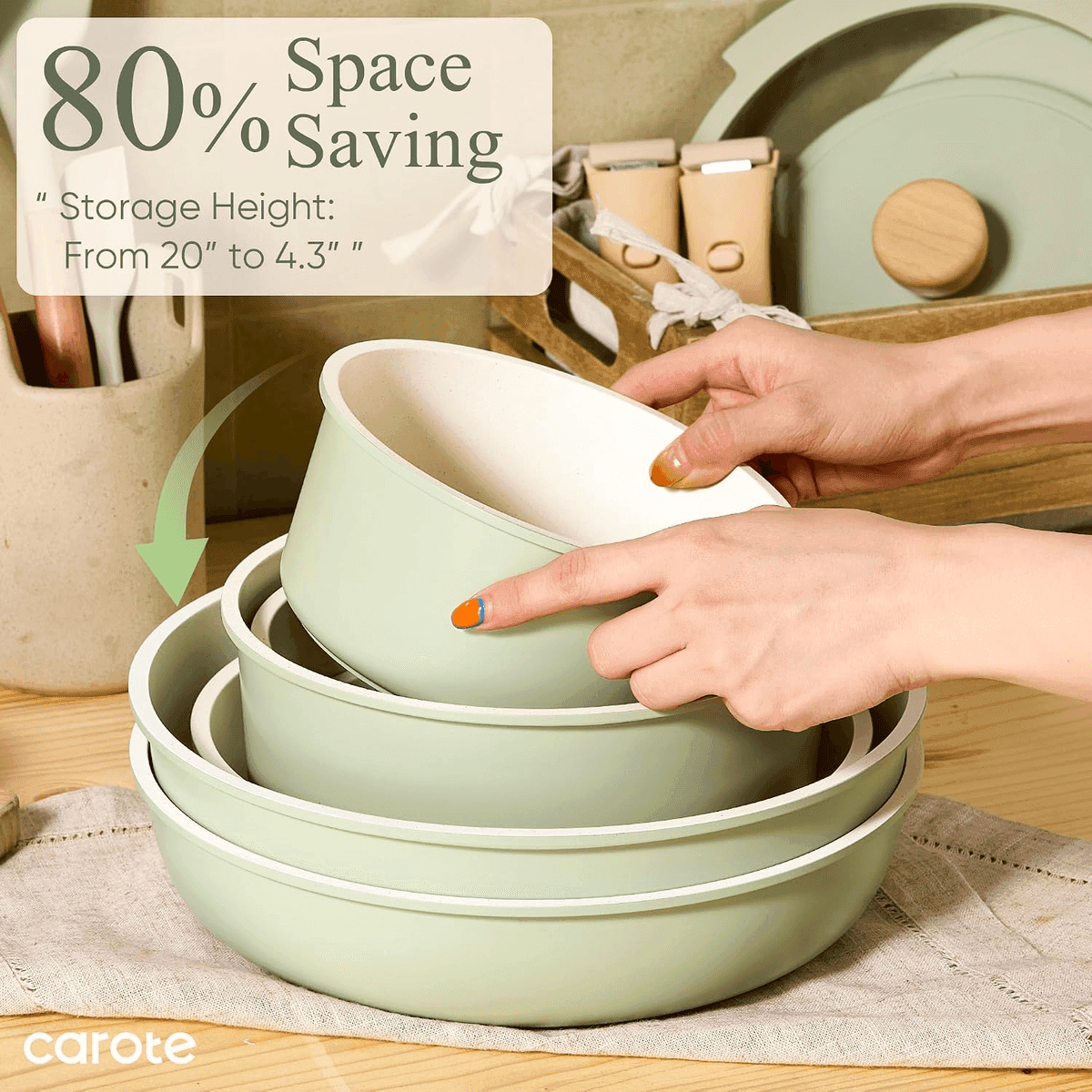 CAROTE 25-Piece Nonstick Cookware Set with Detachable Handles - Green image 5