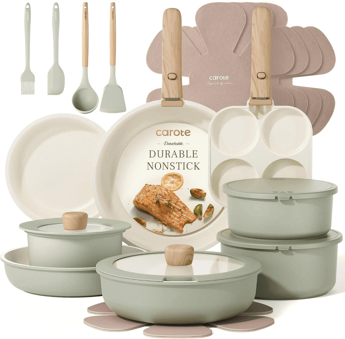 CAROTE 25-Piece Nonstick Cookware Set with Detachable Handles - Green