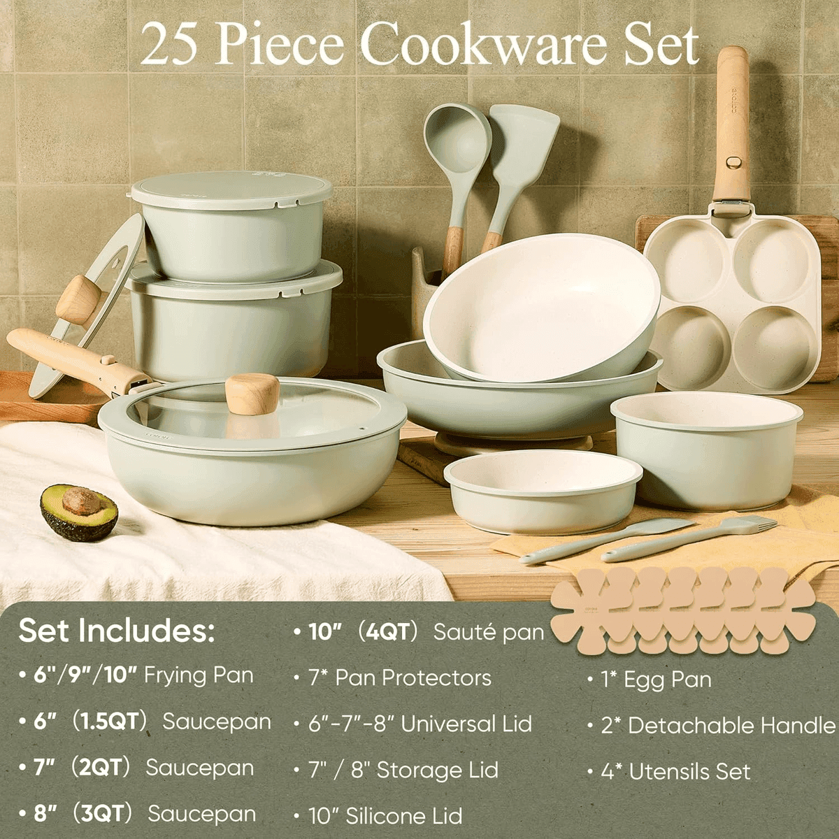 CAROTE 25-Piece Nonstick Cookware Set with Detachable Handles - Green image 2