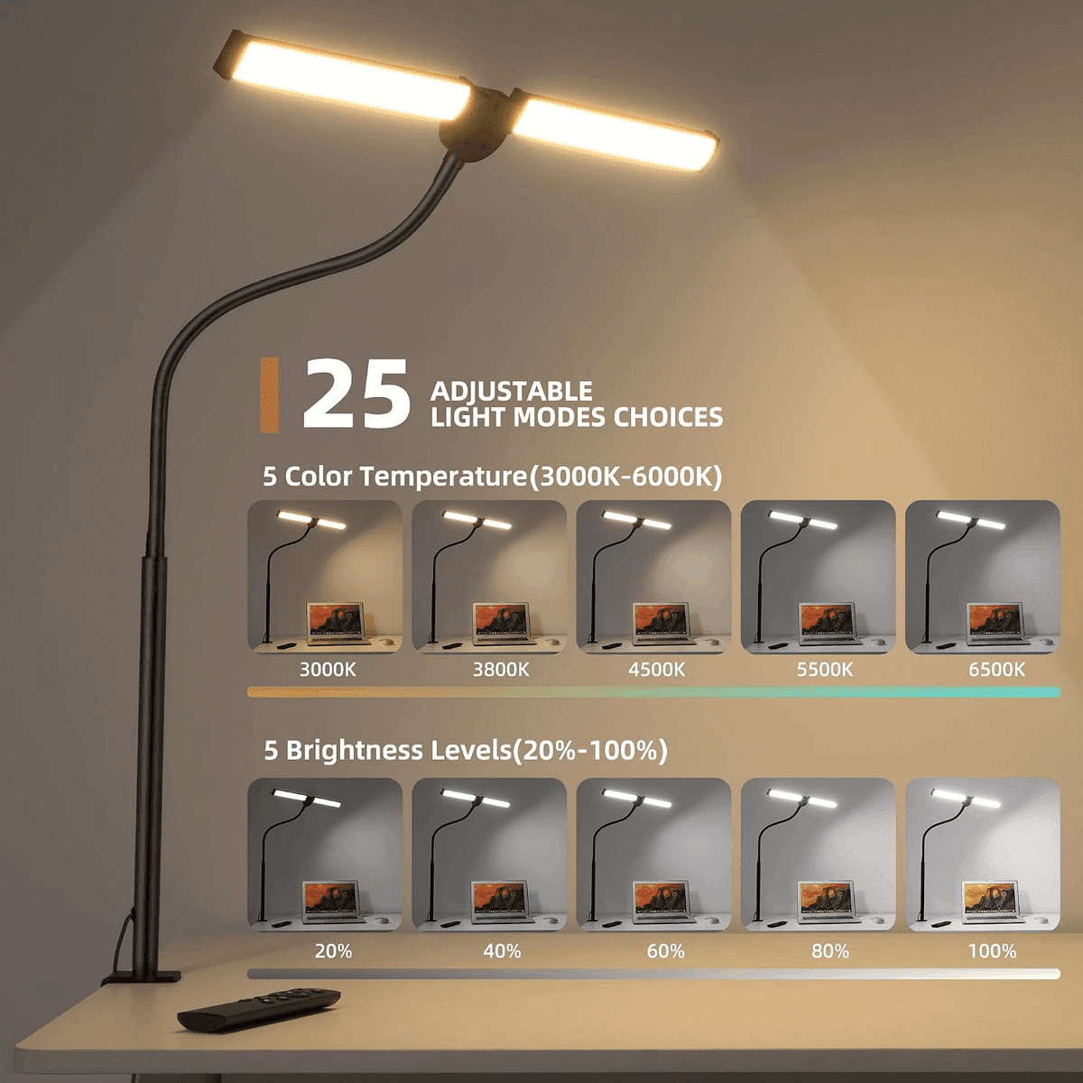 Motumen Dual-Head LED Desk Lamp with Clamp and Remote image 3