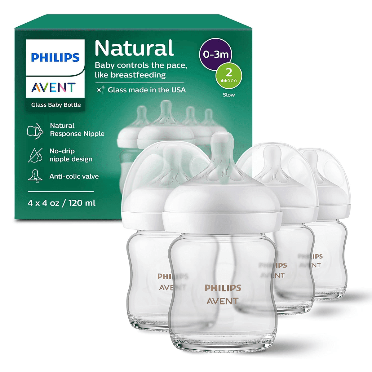 Philips Avent Natural Glass Baby Bottles, 4 oz, 4-Pack