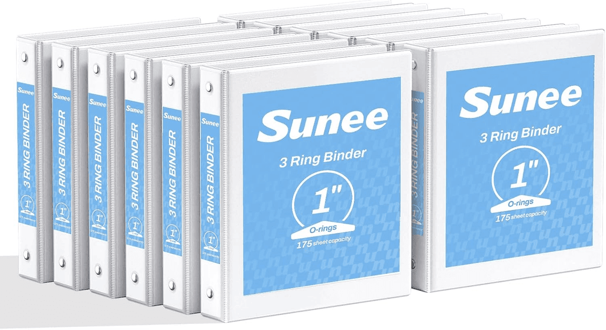 SUNEE 1-Inch Clear View 3-Ring Binders, White, 12-Pack