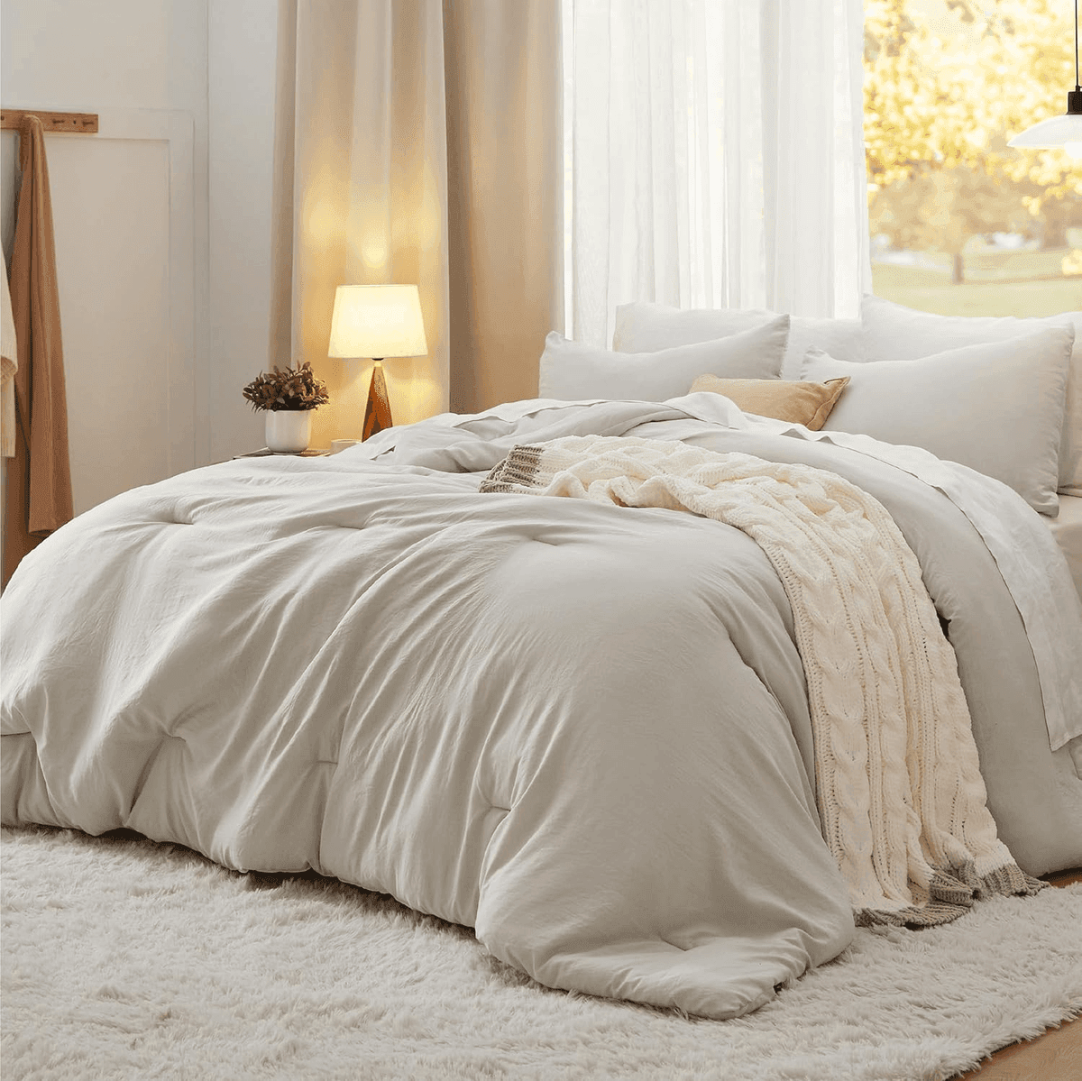 Bedsure Prewashed King Comforter Set, 3 Pieces - Beige (104 x 90 Inches)