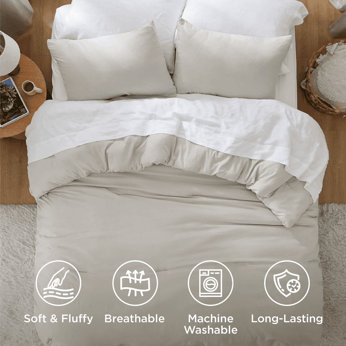 Bedsure Prewashed King Comforter Set, 3 Pieces - Beige (104 x 90 Inches) image 2