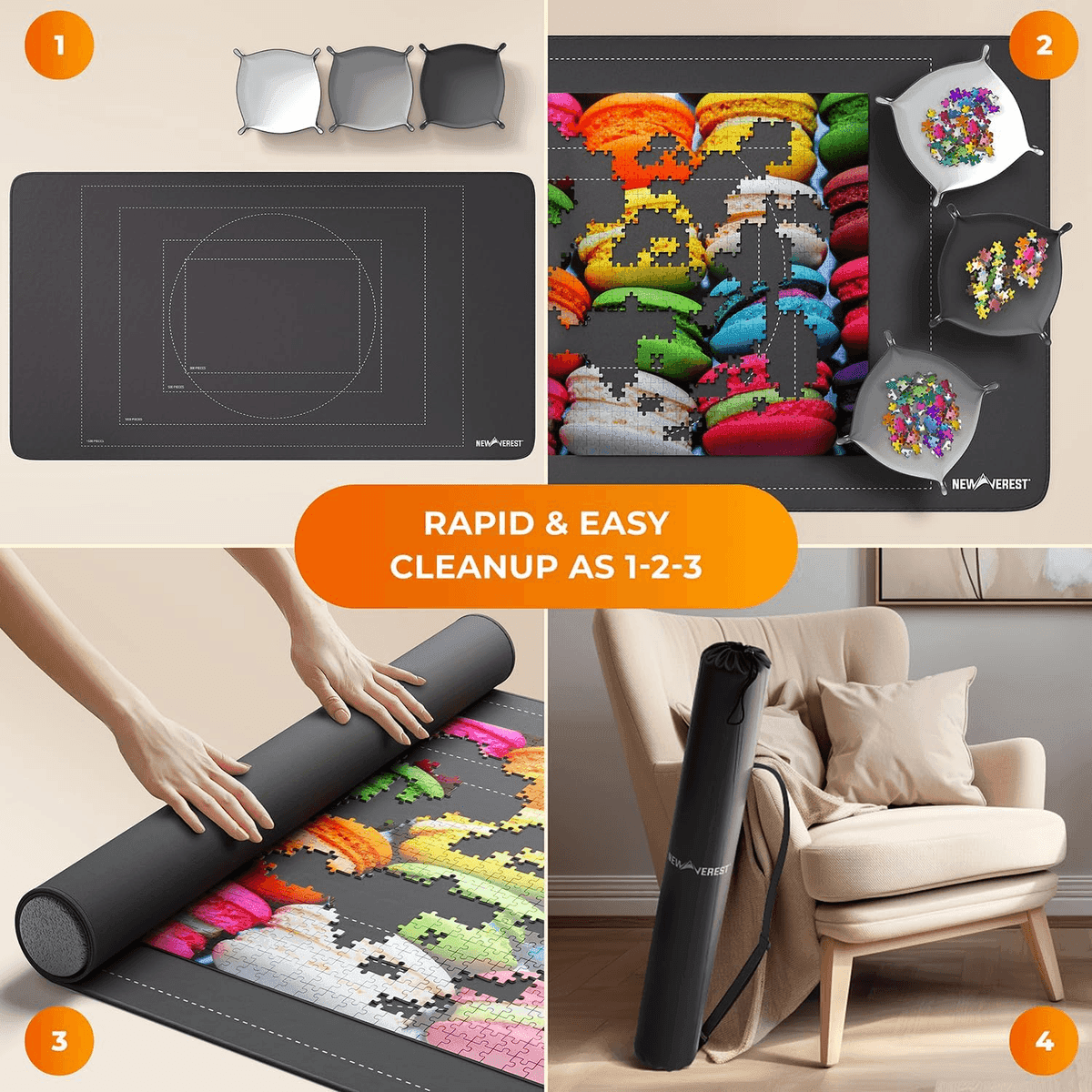 Newverest Roll-Up Jigsaw Puzzle Mat, 46 x 26 Inches, with 3 Sorting Trays and Storage Bag