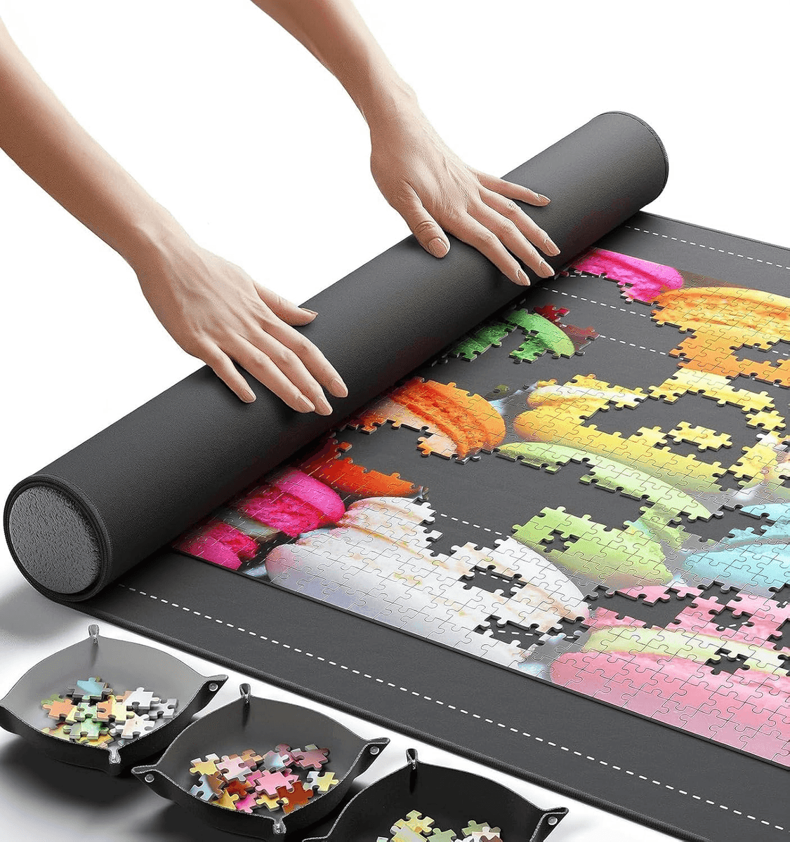 Newverest Roll-Up Jigsaw Puzzle Mat, 46 x 26 Inches, with 3 Sorting Trays and Storage Bag image 2