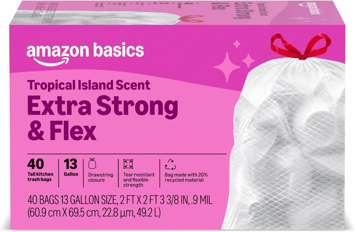 Amazon Basics 13-Gallon Drawstring Trash Bags, 40 Count