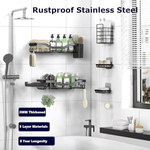 NESOMI 7-Piece Adhesive Shower Caddy Set with 24 Hooks - Black image 5