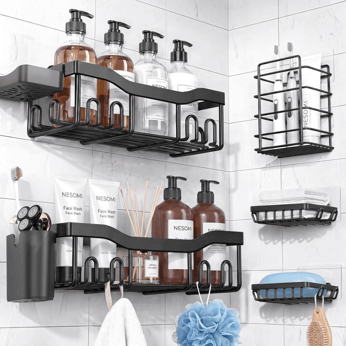 NESOMI 7-Piece Adhesive Shower Caddy Set with 24 Hooks - Black