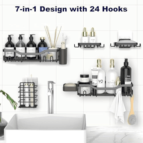 NESOMI 7-Piece Adhesive Shower Caddy Set with 24 Hooks - Black image 4