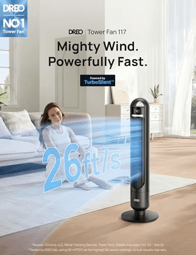 DREO Tower Fan for Bedroom, 90° Oscillating Standing Fans for Room with 4 Speeds, 3 Modes, 28dB Quiet for Sleep, 26ft/s Velocity, 8H Timer, Remote... image 3
