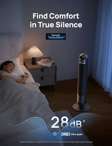 DREO Tower Fan for Bedroom, 90° Oscillating Standing Fans for Room with 4 Speeds, 3 Modes, 28dB Quiet for Sleep, 26ft/s Velocity, 8H Timer, Remote... image 5