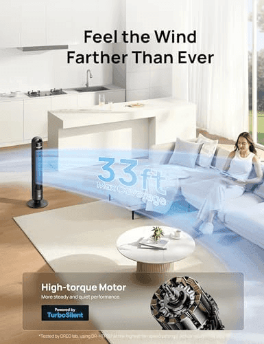 DREO Tower Fan for Bedroom, 90° Oscillating Standing Fans for Room with 4 Speeds, 3 Modes, 28dB Quiet for Sleep, 26ft/s Velocity, 8H Timer, Remote... image 4