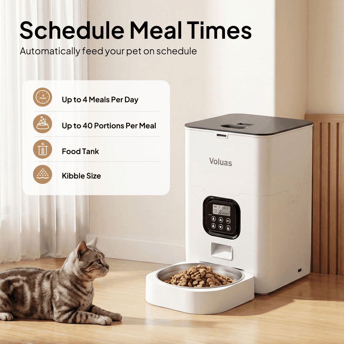 VOLUAS Automatic Cat Feeder, 4L Timed Dry Food Dispenser for Cats & Dogs image 2