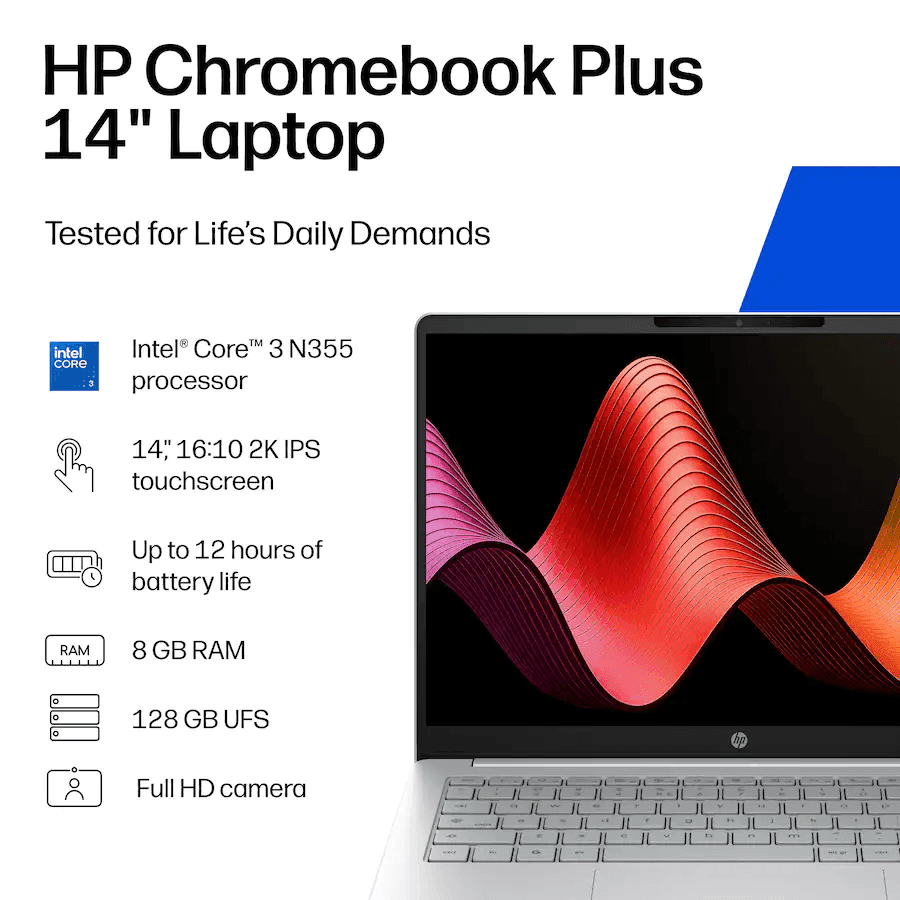 HP 14-inch 2K Touchscreen Chromebook Plus, Core 3 N355, 8GB/128GB image 2