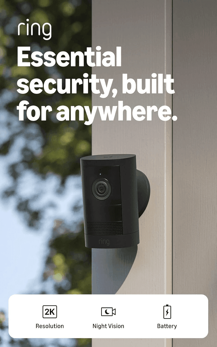 Ring Outdoor Cam 2K Battery Security Camera, Black