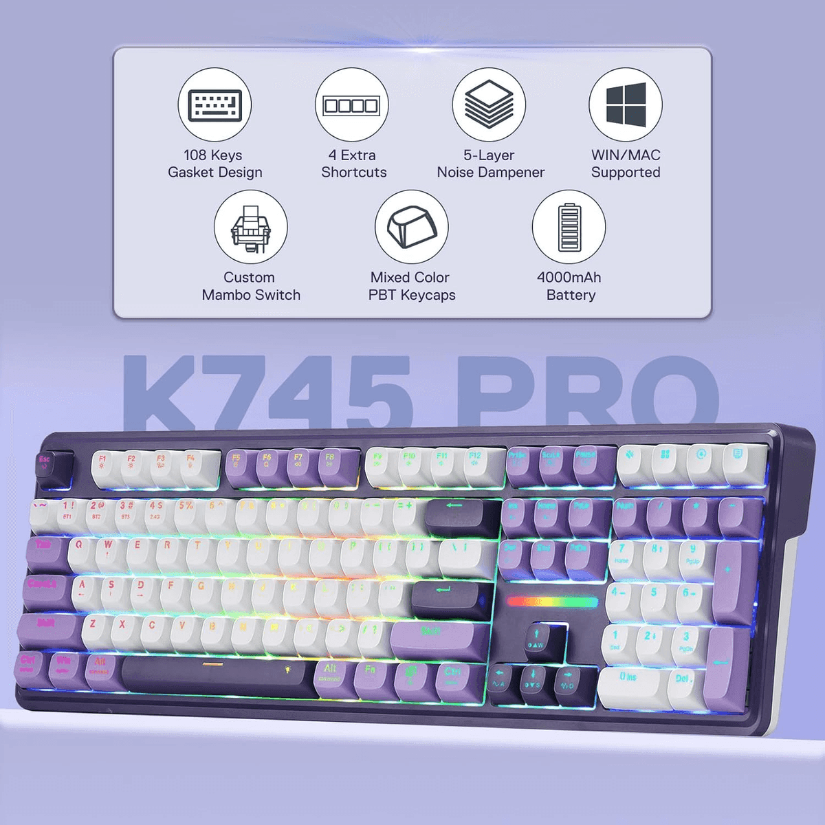 Redragon K745 PRO Wireless RGB Gaming Keyboard, Charming Purple image 2