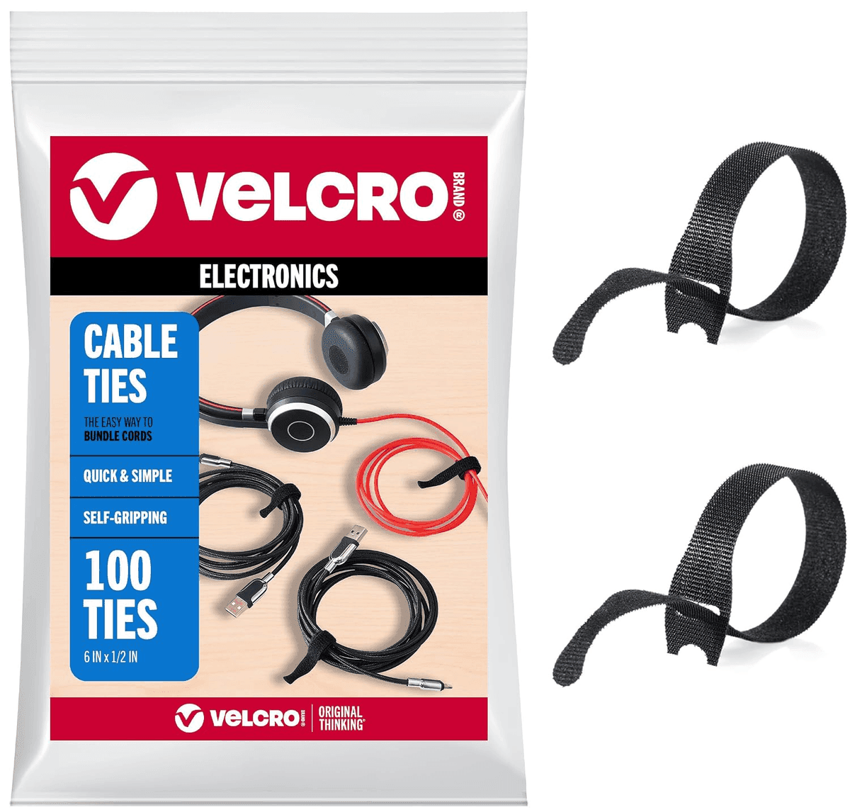 VELCRO Brand 6-Inch Reusable Cable Ties, Black, 100-Pack