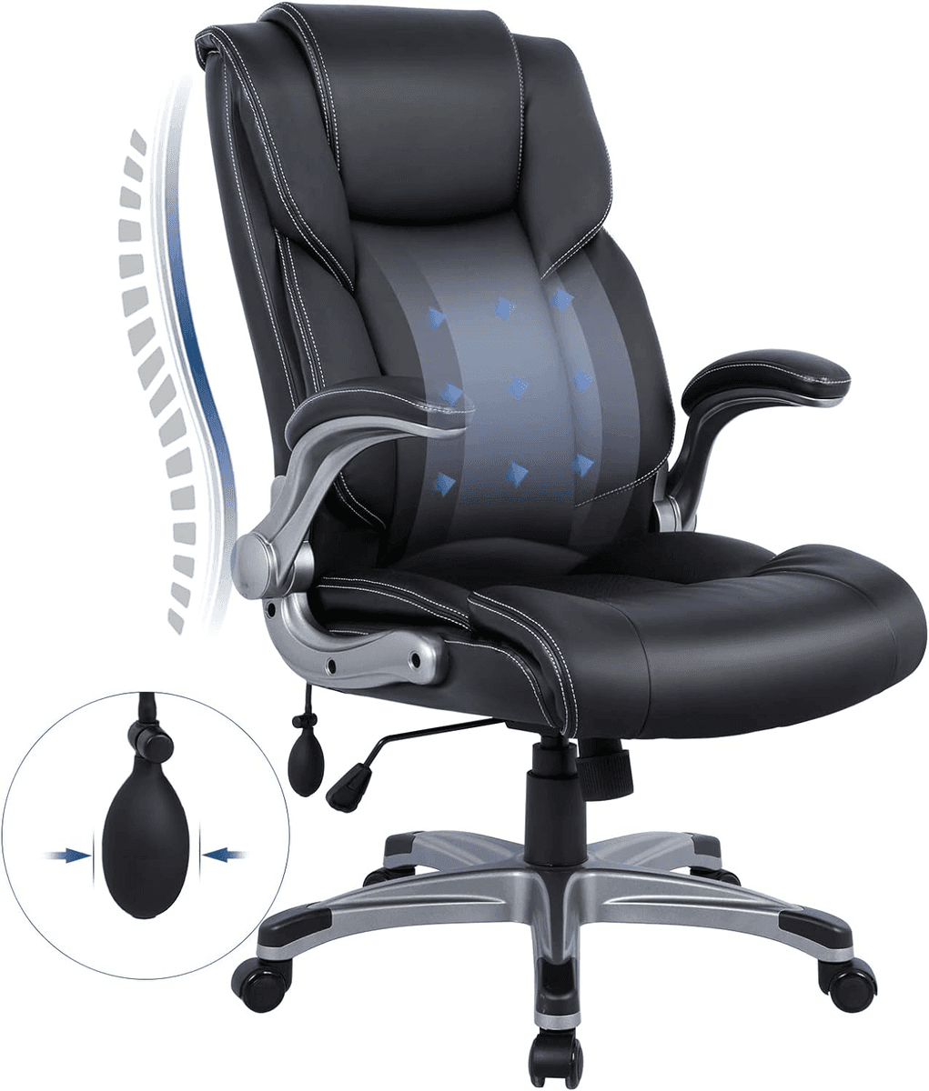 COLAMY High Back Executive Office Chair with Inflatable Lumbar Support and Flip-Up Arms - Black