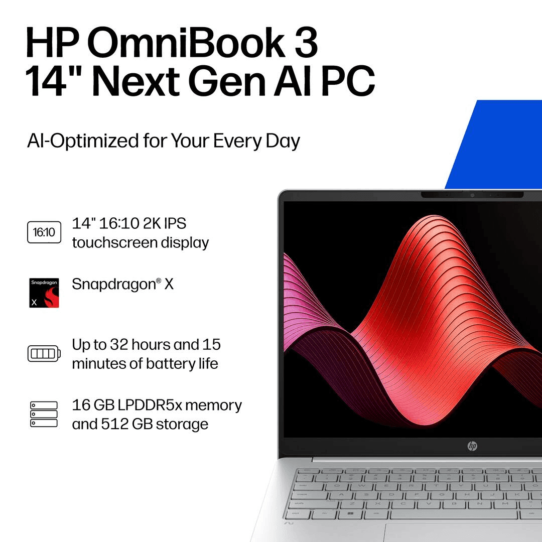 HP OmniBook 3 14" 2K Touchscreen Laptop Snapdragon X 16GB RAM 512GB SSD image 3