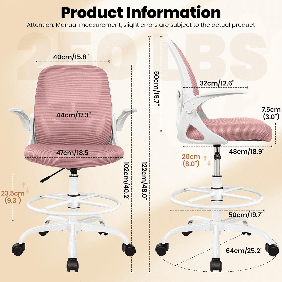 Primy Tall Drafting Chair with Lumbar Support - Rose Quartz image 3