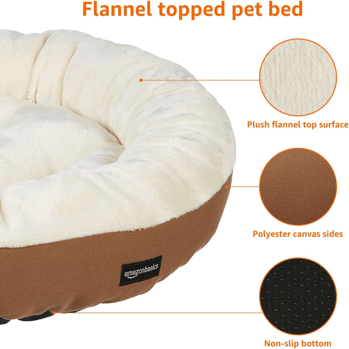 Amazon Basics 20-Inch Round Bolster Pet Bed, Brown/Ivory image 2