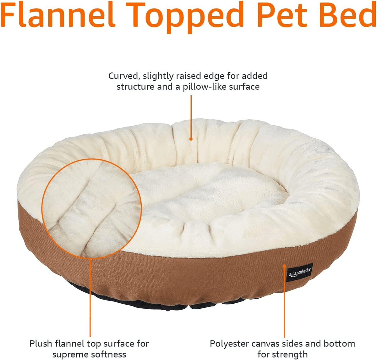 Amazon Basics 20-Inch Round Bolster Pet Bed, Brown/Ivory image 3
